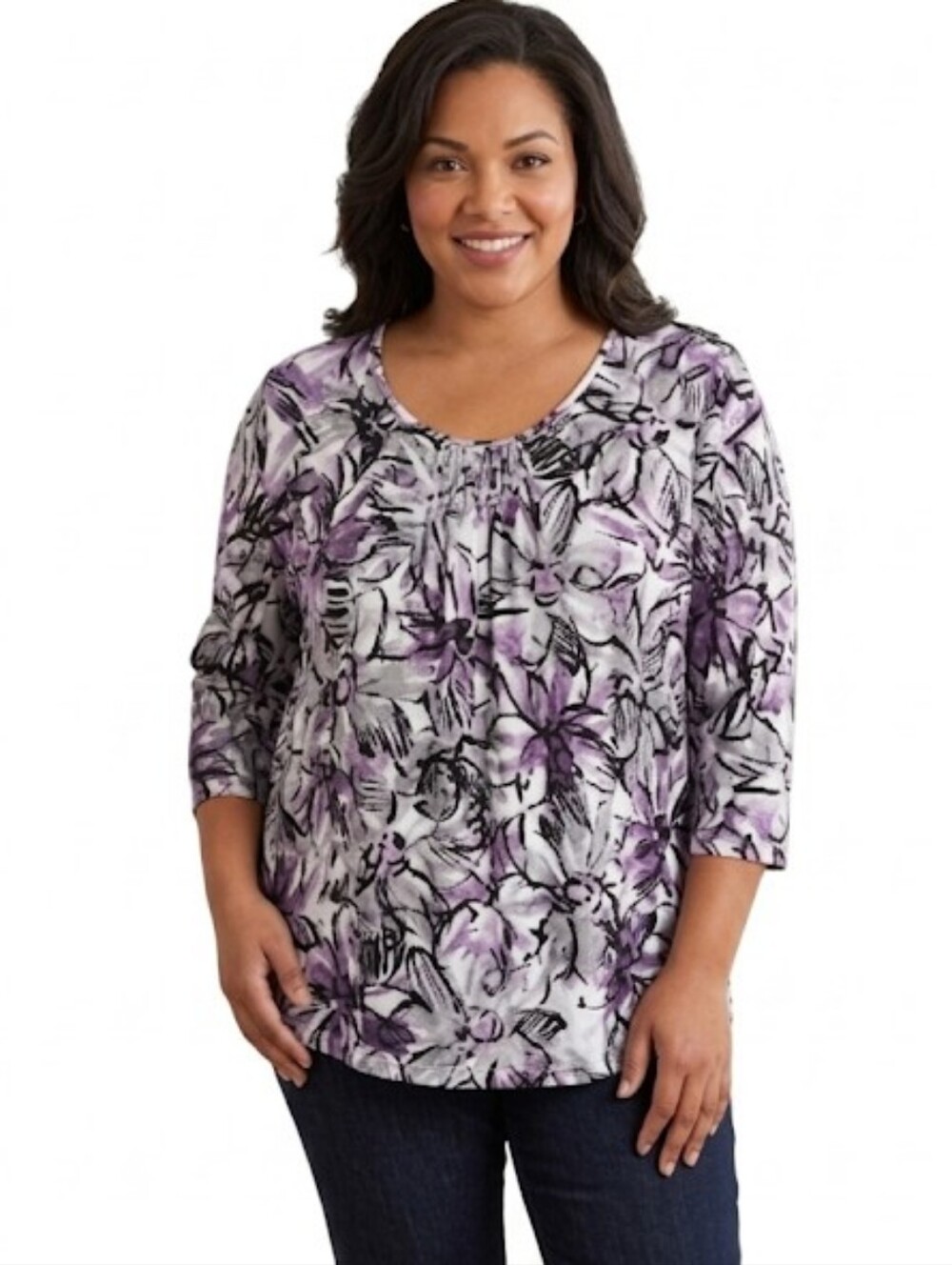 Alfred Dunner Purple Floral Beaded Neck 3/4 Sleeve Top Plus Size 2X